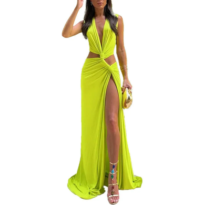 Hollow Knot Slit V-neck Sleeveless Pleated Irregular Dress - Bellarte Enchanté Hollow Knot Slit V-neck Sleeveless Pleated Irregular Dress